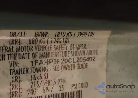 2012 Ford Focus Se z USA, uszkodzony, nr VIN 1FAHP3F20CL205402